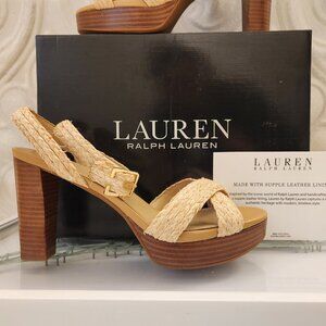 Ralph Lauren "Sasha" Raffia Platform Sandals. NIB. Size Various